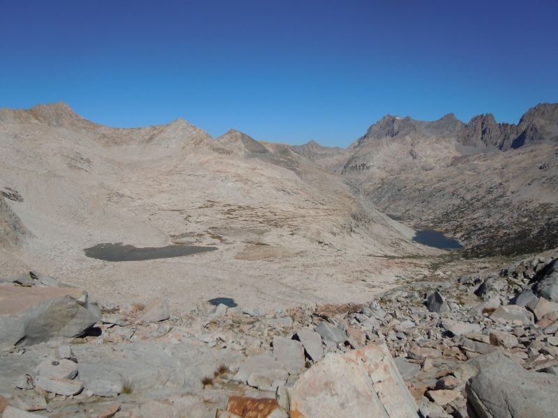 Looking back south from mather pass Upper palisade Lake and part of Lower Palisade seen on the right.
